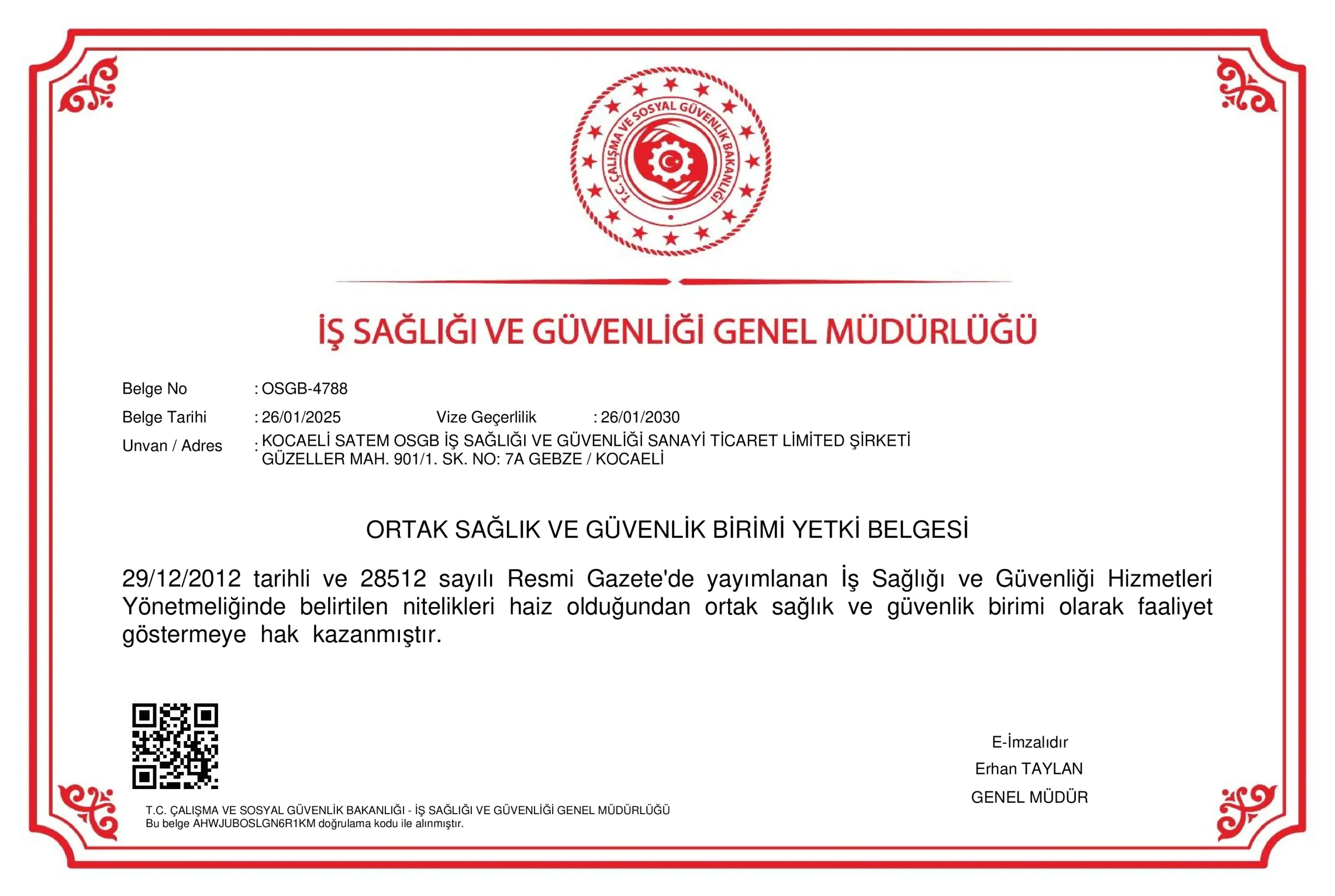 Kocaeli OSGB Yetki Belgemiz